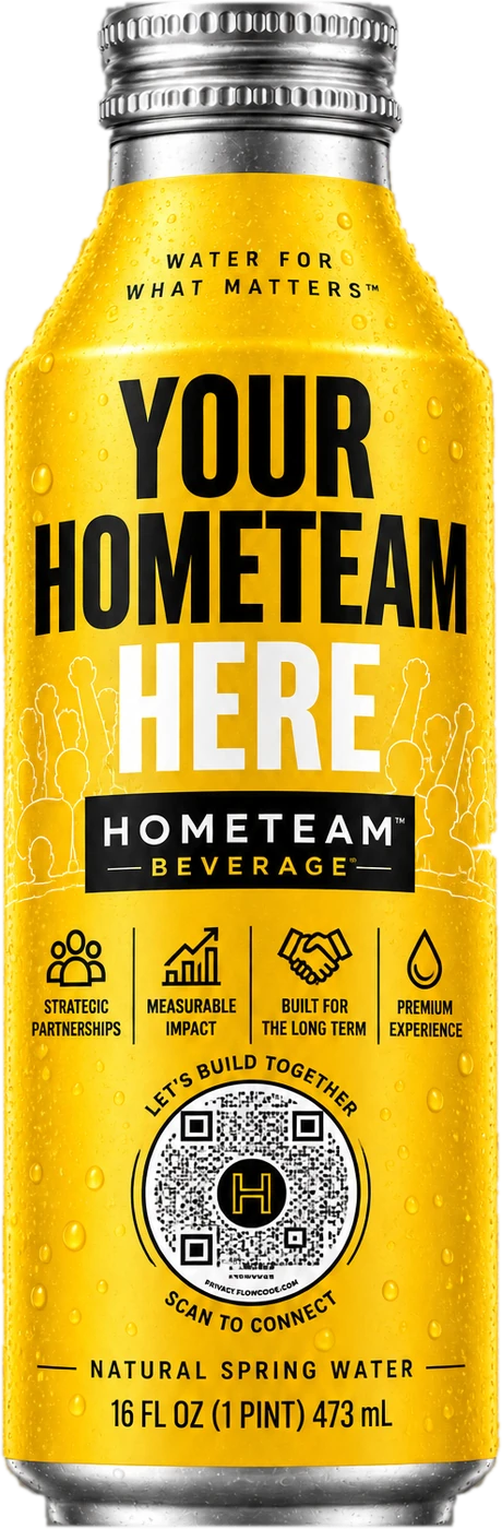 A yellow Hometeam Beverage bottle reading Your Hometeam Here