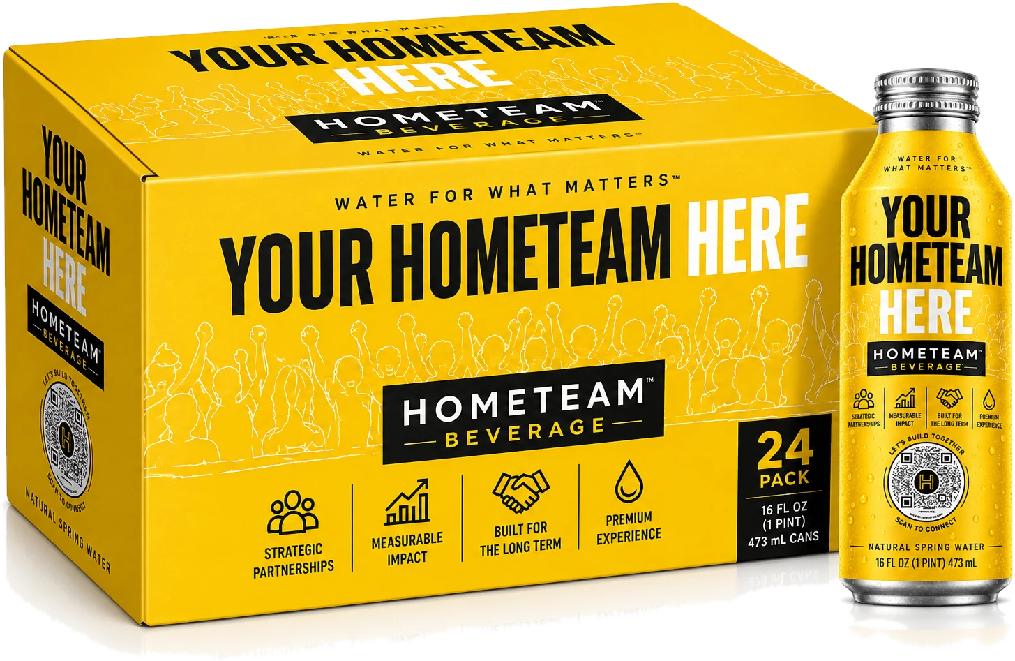 A 24-pack case of Hometeam Beverage spring water beside a single bottle